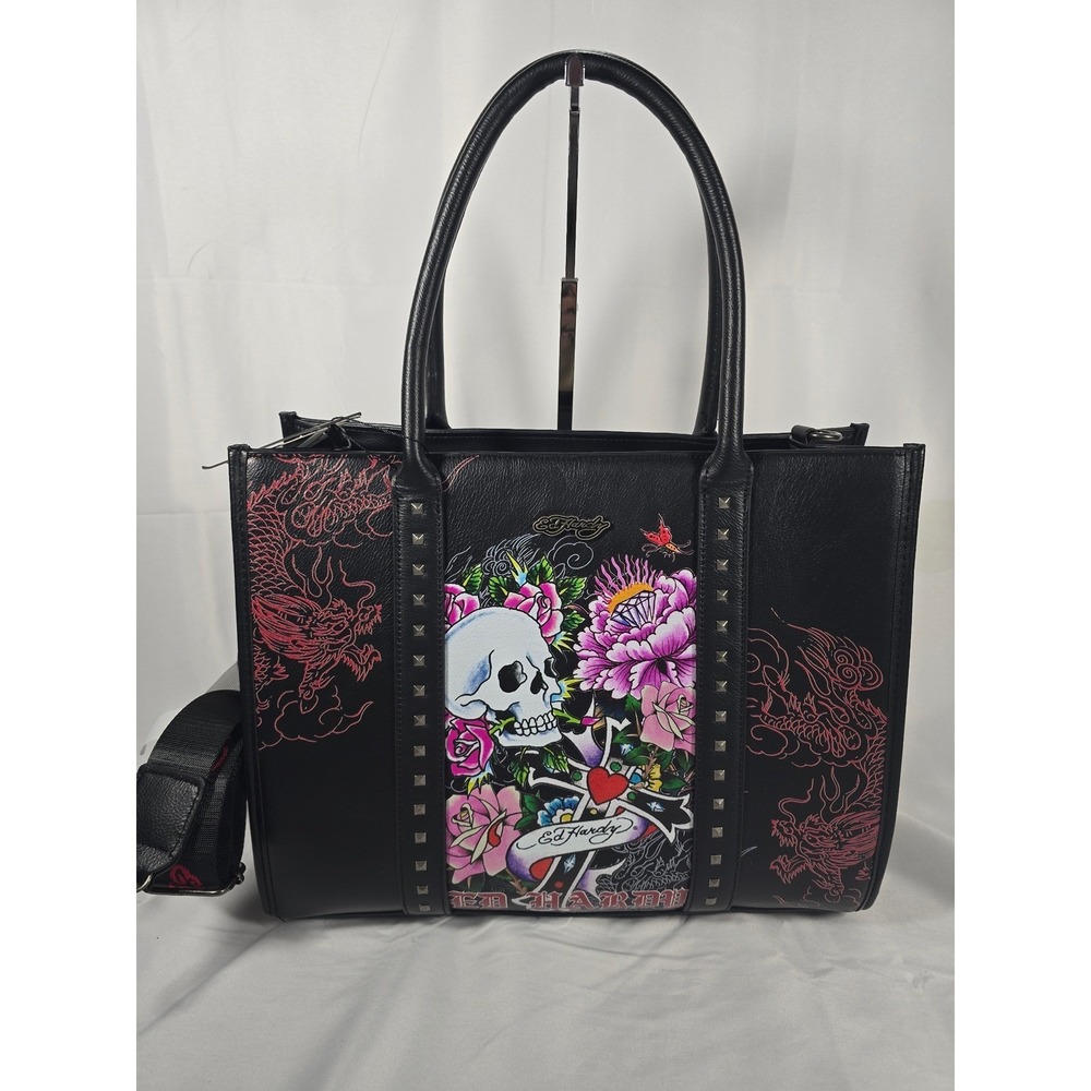 Ed‎ Hardy Womens Black Tattoo nwt Graphic Studded Satchel Crossbody Rocker Skull